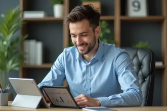 Jeune homme compare deux tablettes numériques dans un bureau moderne