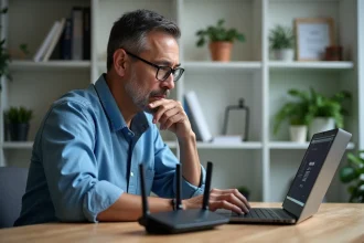 Homme d'âge moyen configurant un routeur sans fil dans un bureau à domicile