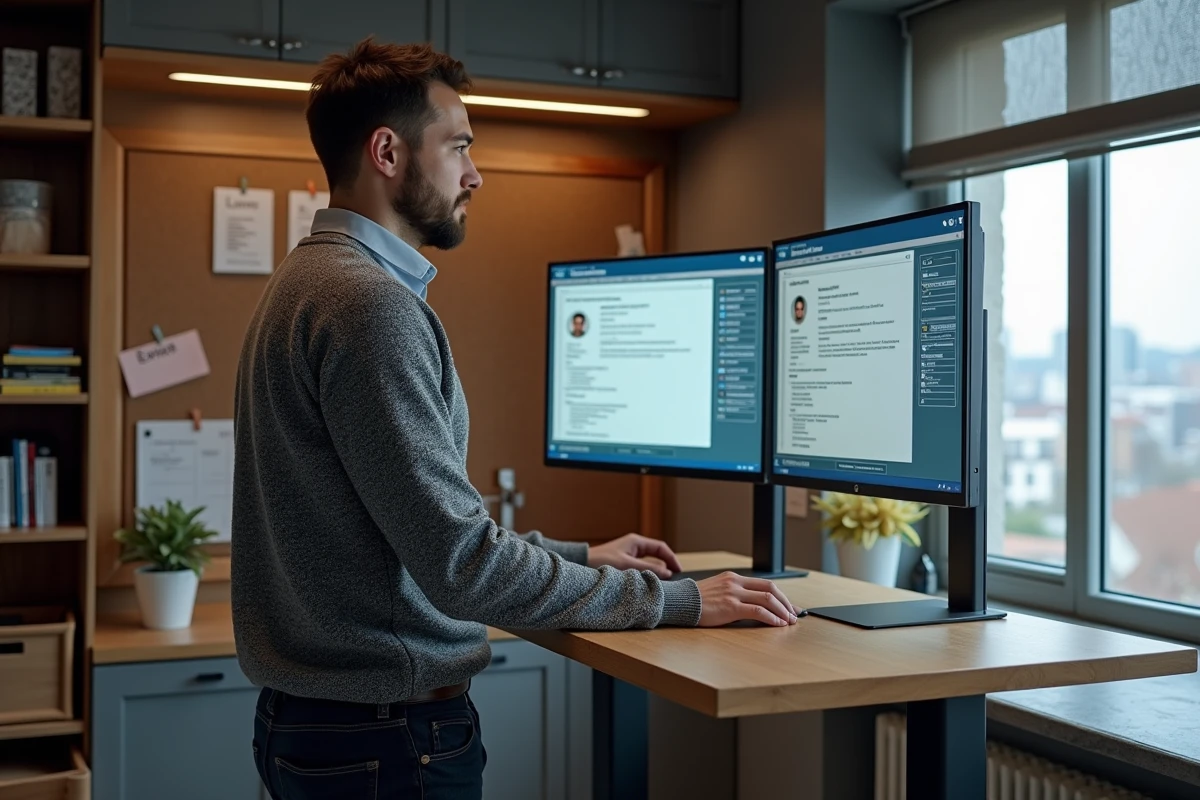 Homme travaillant sur son CV multilingue devant deux écrans dans un bureau à domicile bien organisé