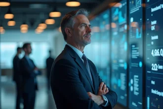 Homme d'affaires en costume dans un bureau moderne futuriste