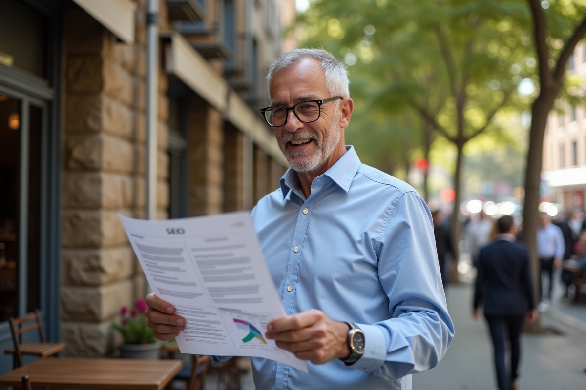 Homme discutant SEO avec un collègue en terrasse de café