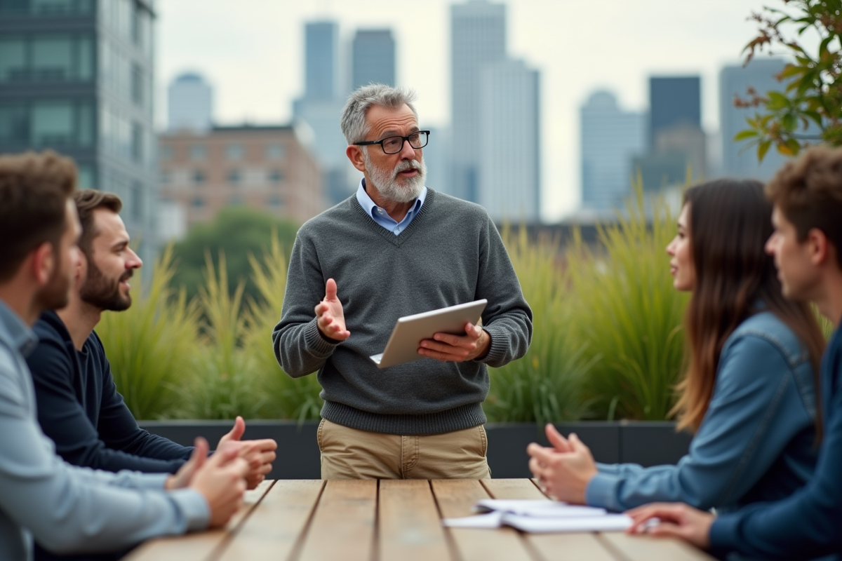 Homme expliquant des stratégies SEO en extérieur avec équipe