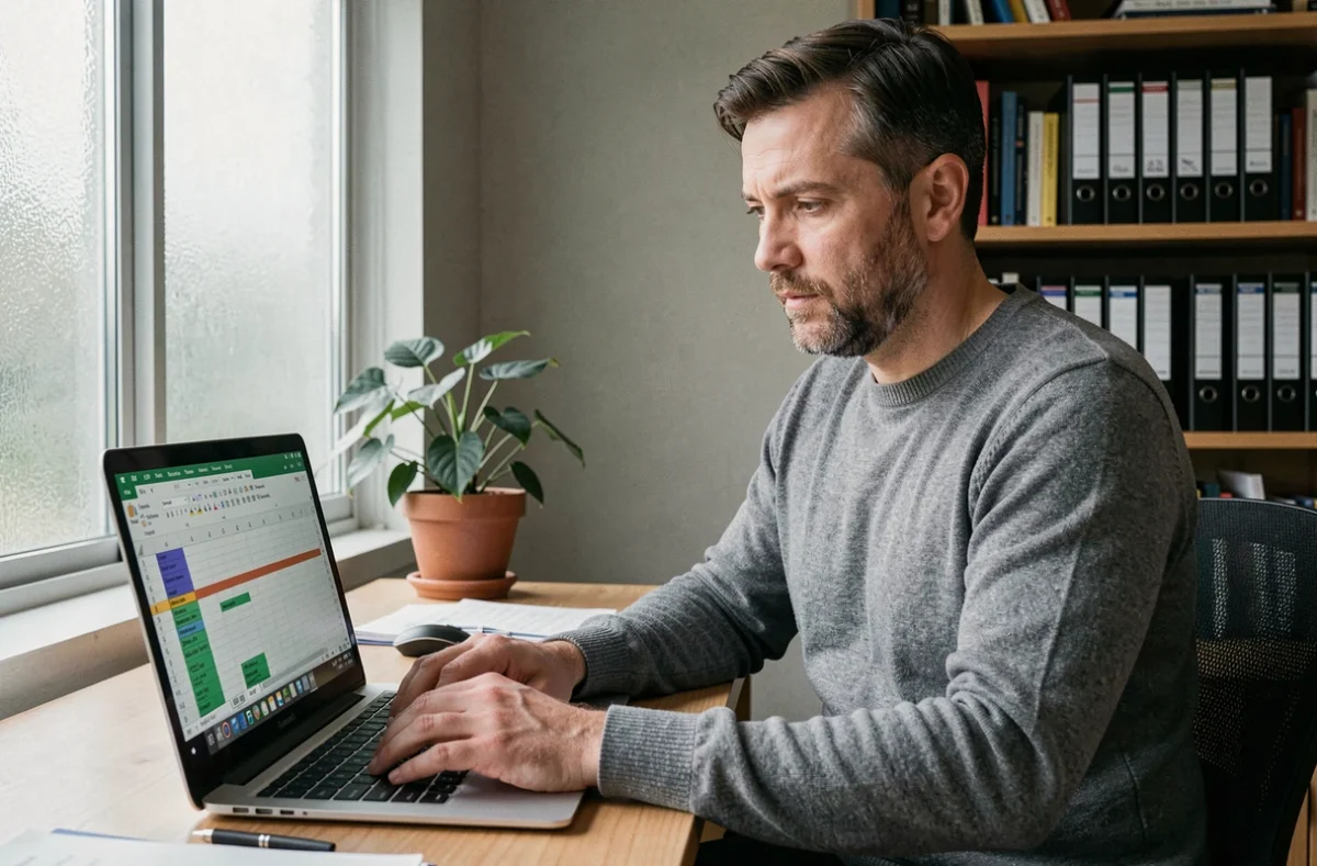 Homme travaillant sur des formules de différence de dates dans Excel sur un ordinateur portable dans un bureau à domicile