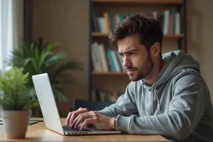 Homme frustré devant un clavier de PC portable avec des touches inversées