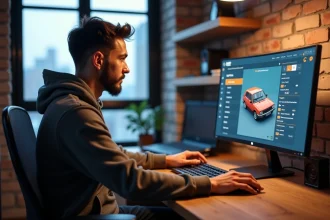 Homme concentré modifiant un véhicule GTA sur son ordinateur