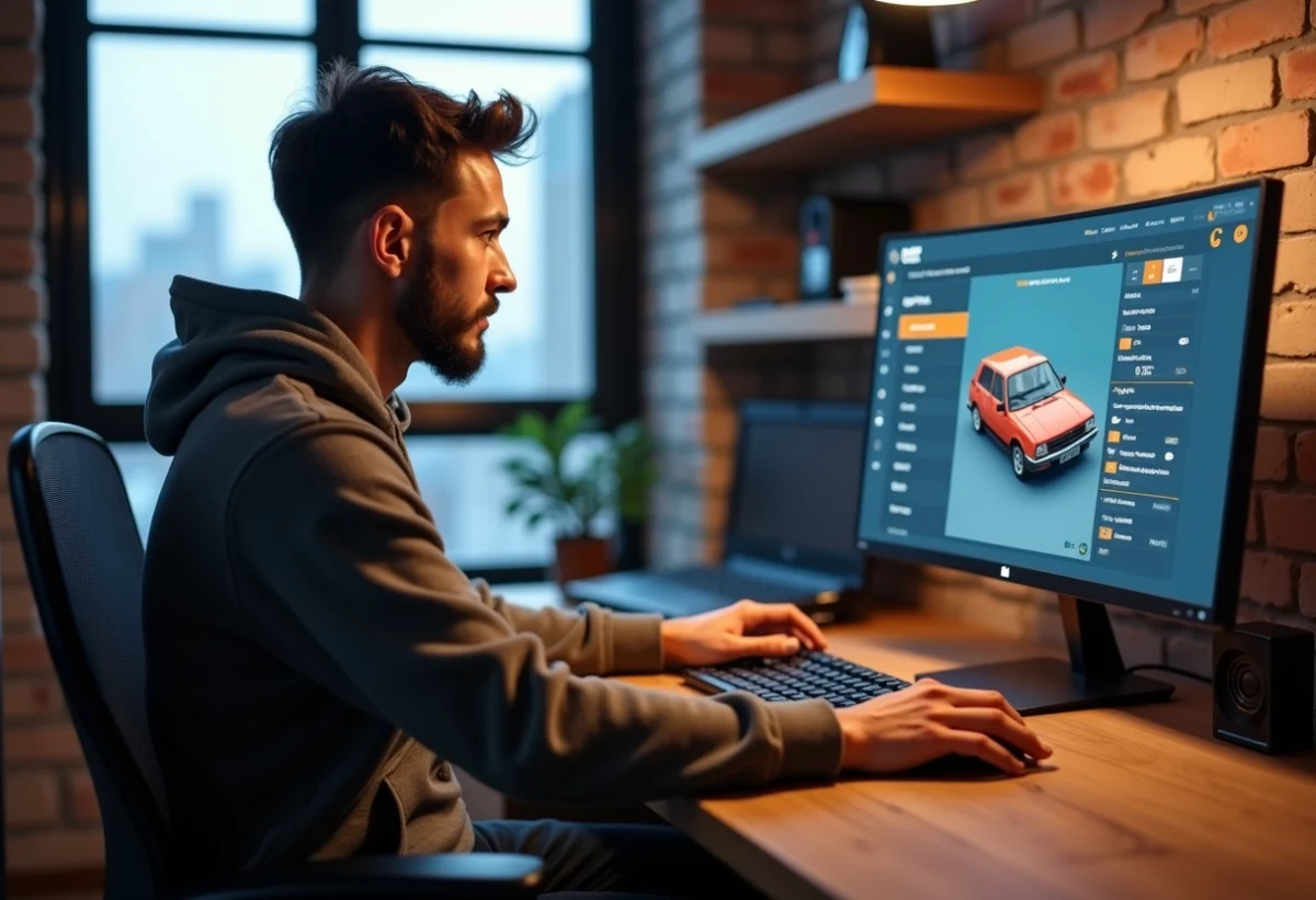 Homme concentré modifiant un véhicule GTA sur son ordinateur
