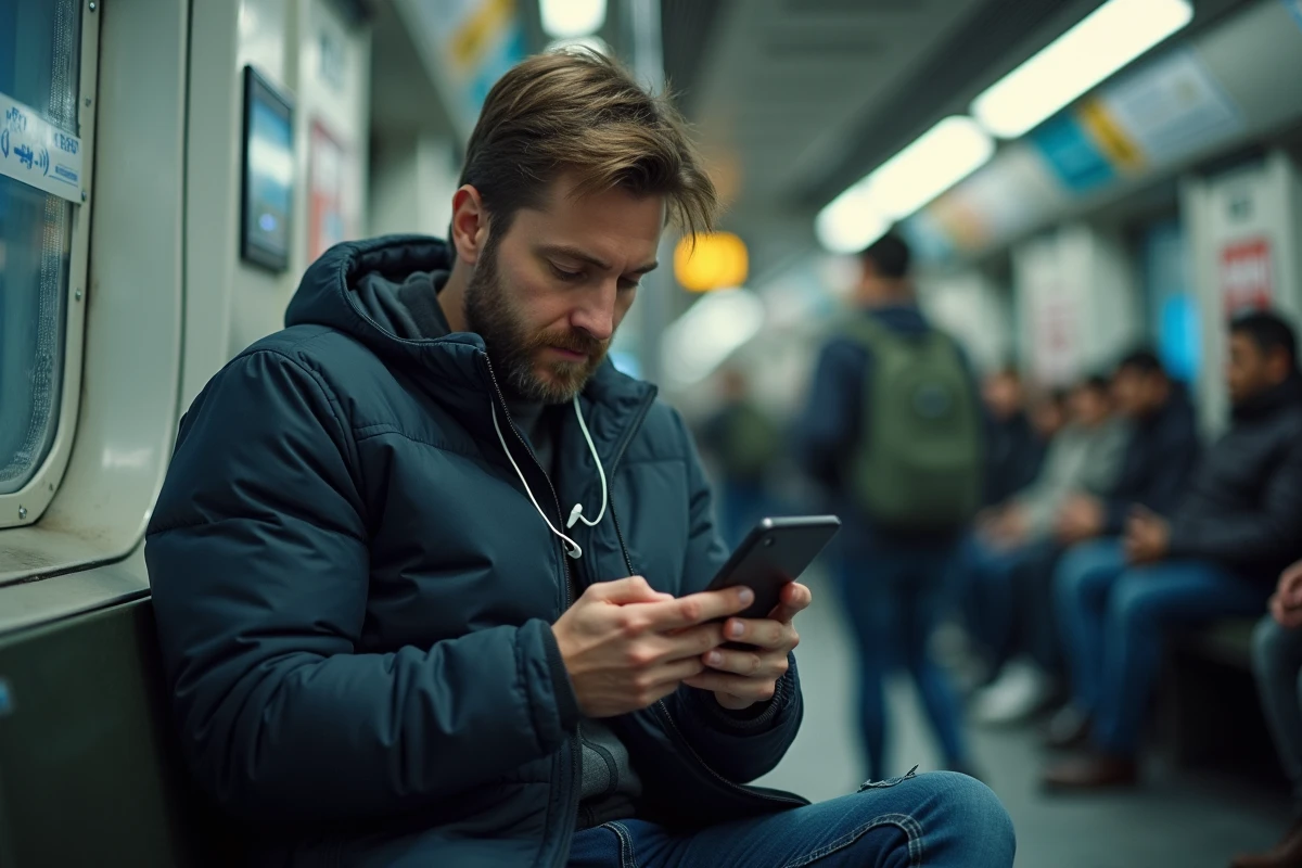 Homme en train de monter une vidéo sur application mobile dans le métro, comparant des outils de sous-titrage automatique