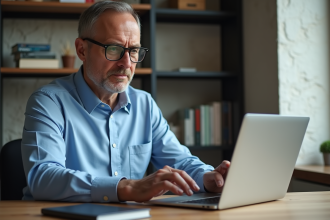 Homme d'âge moyen connectant un disque dur à son ordinateur