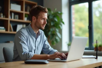 Homme concentré utilisant un ordinateur portable dans un salon lumineux