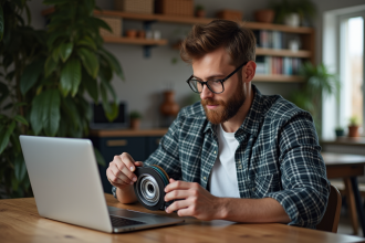 Homme examine une pièce auto dans un appartement moderne