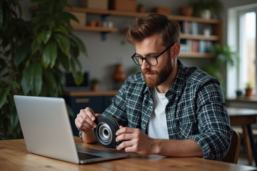 Homme examine une pièce auto dans un appartement moderne