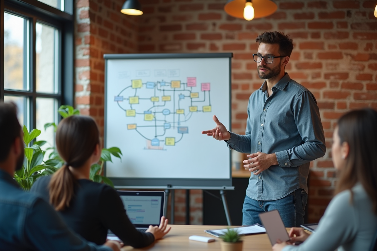 Homme en réunion expliquant un diagramme sur un tableau blanc