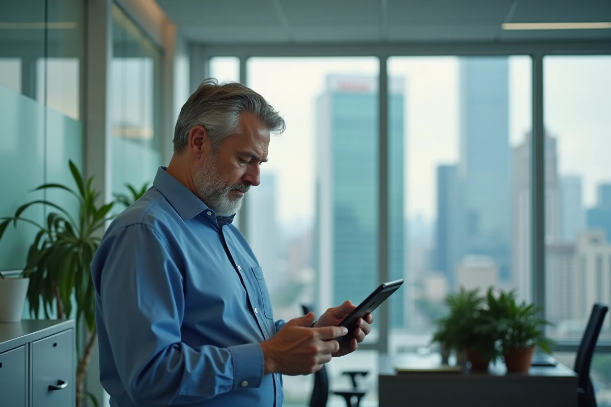 Homme vérifiant ses emails sur tablette dans son bureau