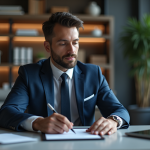 Homme d'affaires signe un document numérique dans un bureau moderne