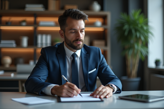 Homme d'affaires signe un document numérique dans un bureau moderne