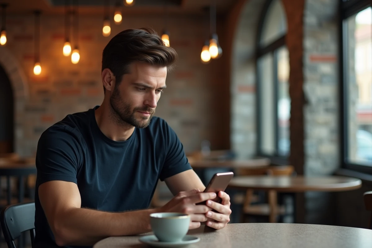 Homme consultant des stories Instagram de manière anonyme dans un café moderne en milieu urbain
