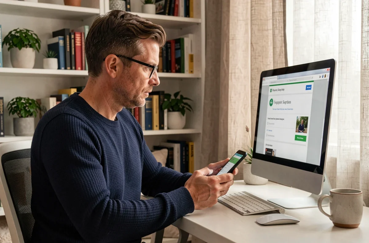 Homme consultant une page d'aide officielle sur son ordinateur depuis son bureau à domicile avec un smartphone en main