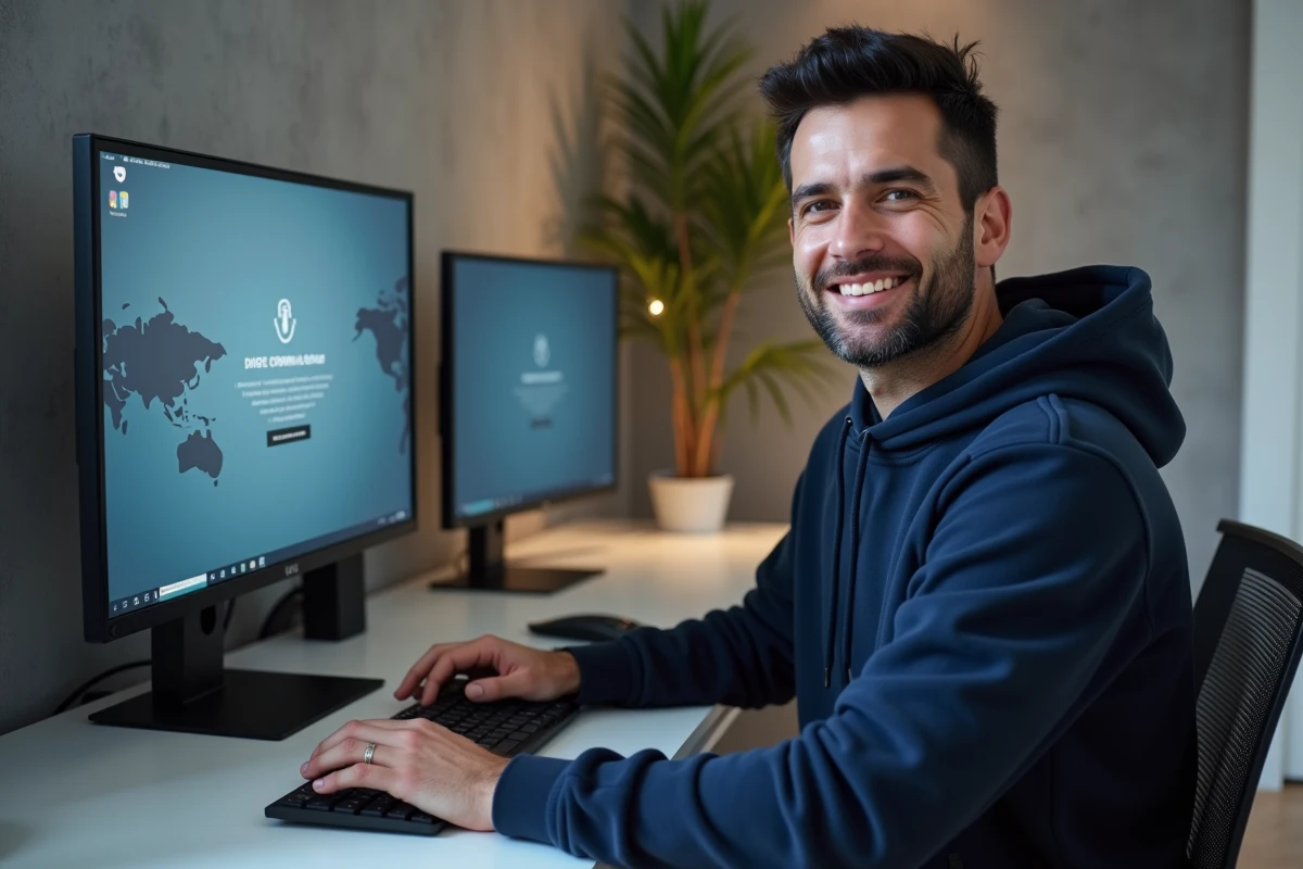 Homme utilisant un logiciel de conversion vidéo sécurisé sur un ordinateur de bureau dans un appartement moderne