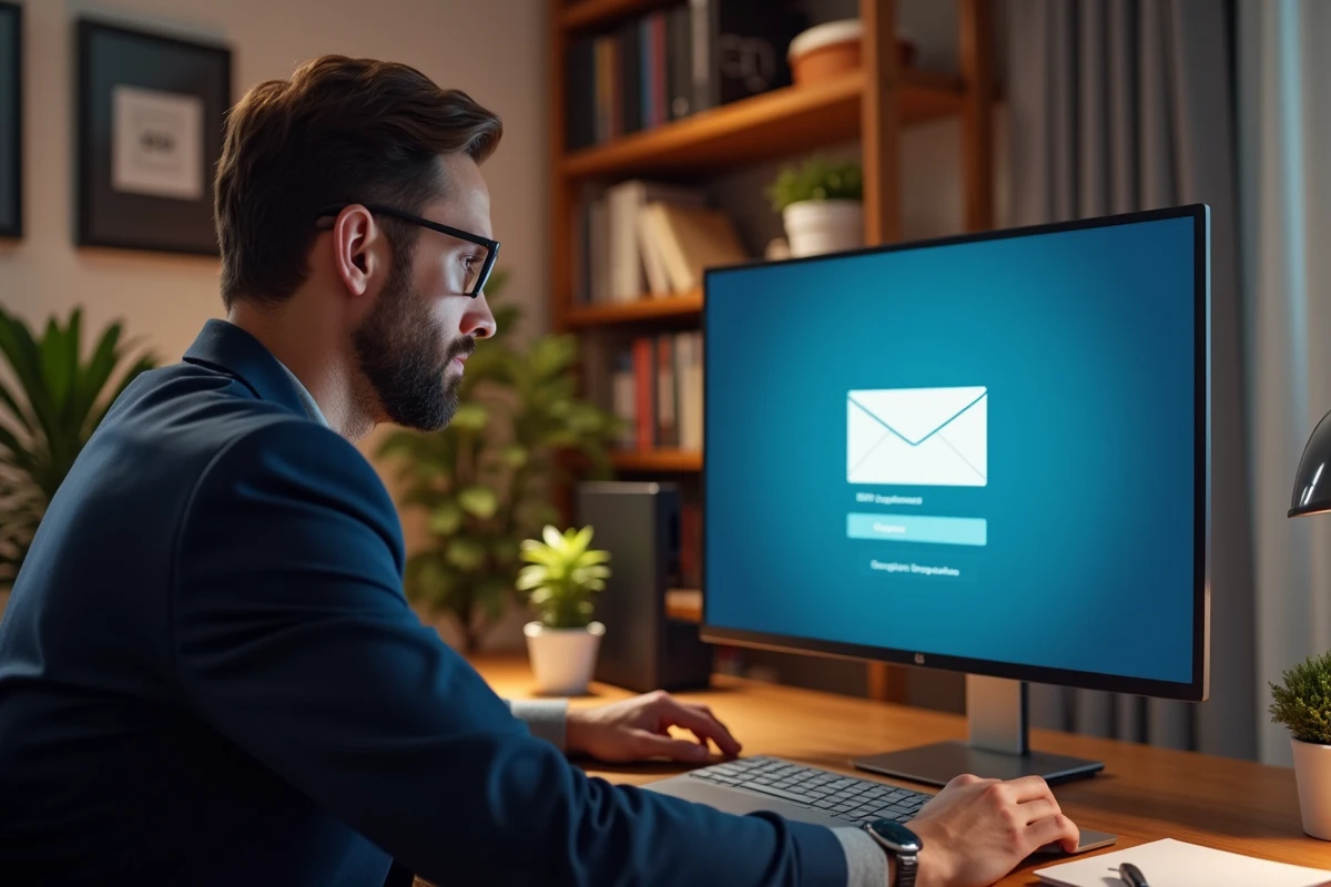 Homme en télétravail se connectant à un portail de messagerie professionnelle depuis son bureau à domicile