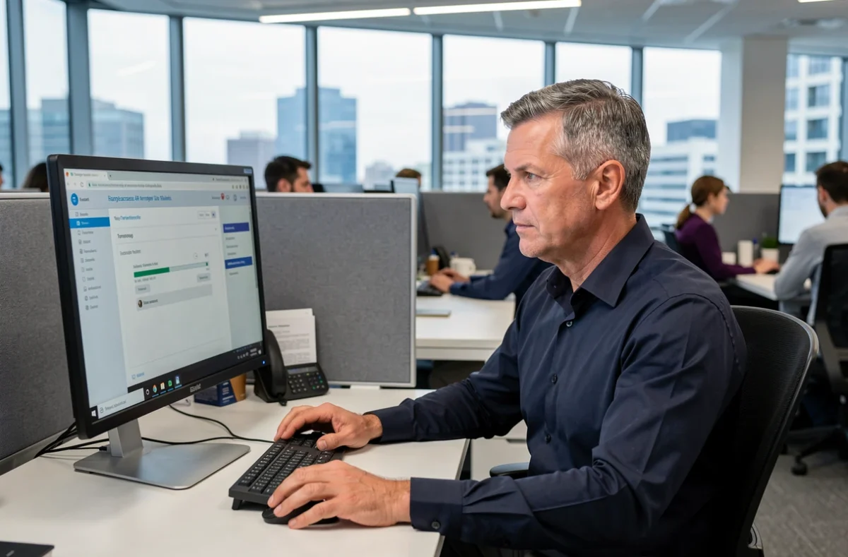 Homme en entreprise utilisant une interface de transfert de fichiers en ligne sur un ordinateur de bureau