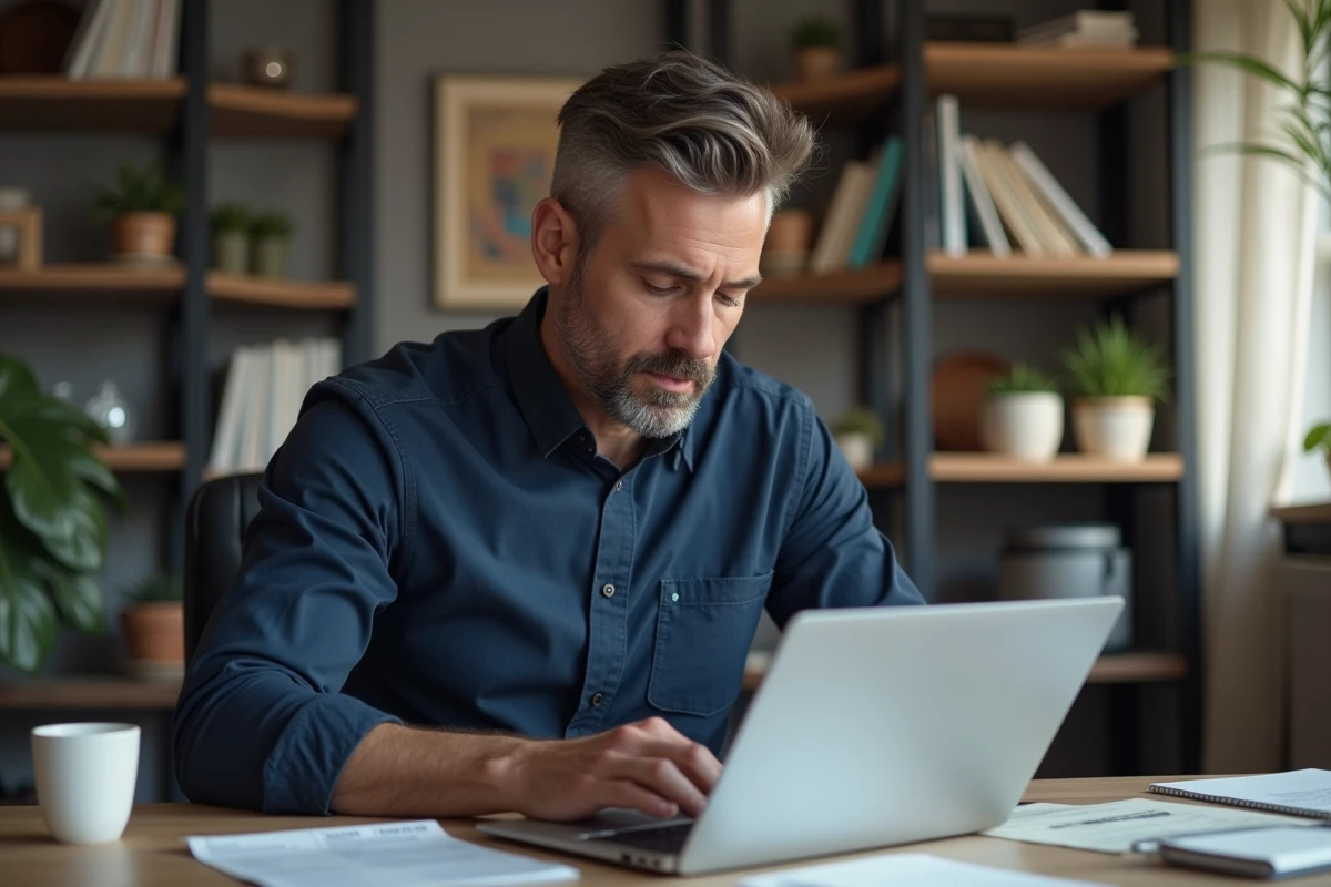Homme en bureau à domicile travaillant sur son ordinateur