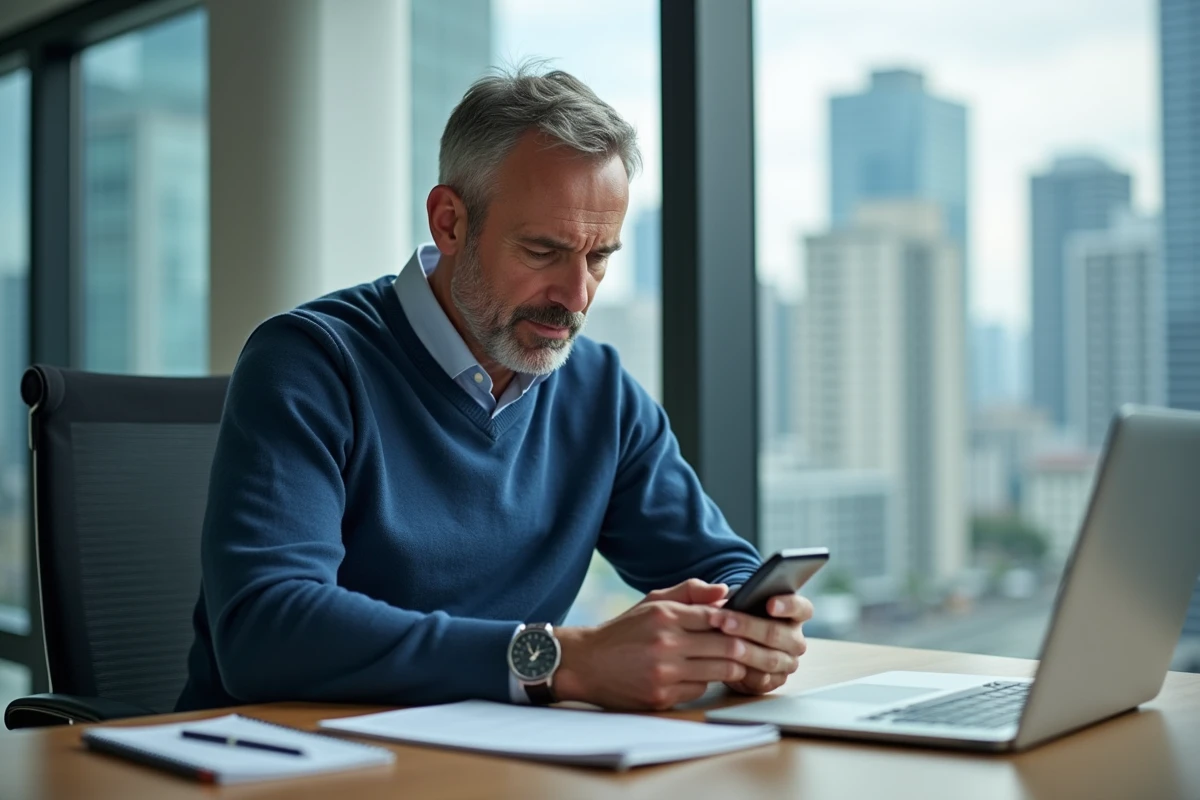 Homme d age moyen préparant un message WhatsApp au bureau