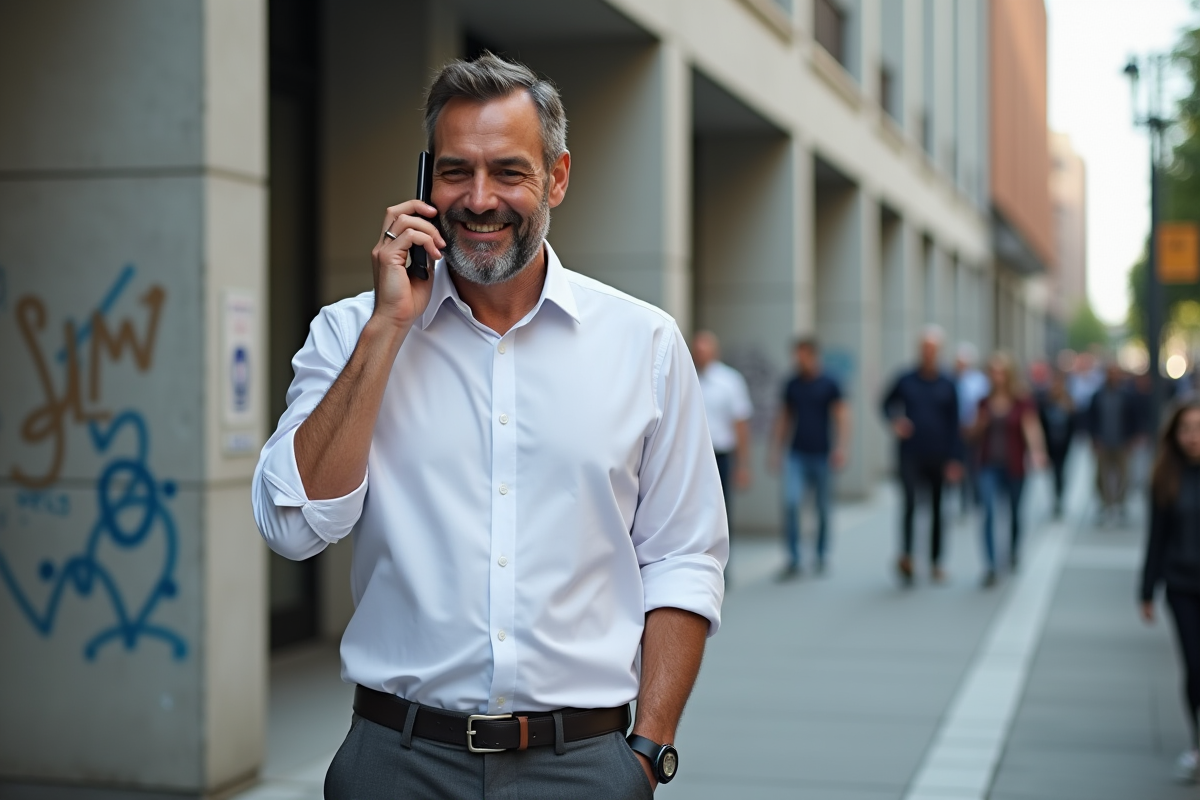 Homme en ville utilisant la recherche vocale sur son téléphone