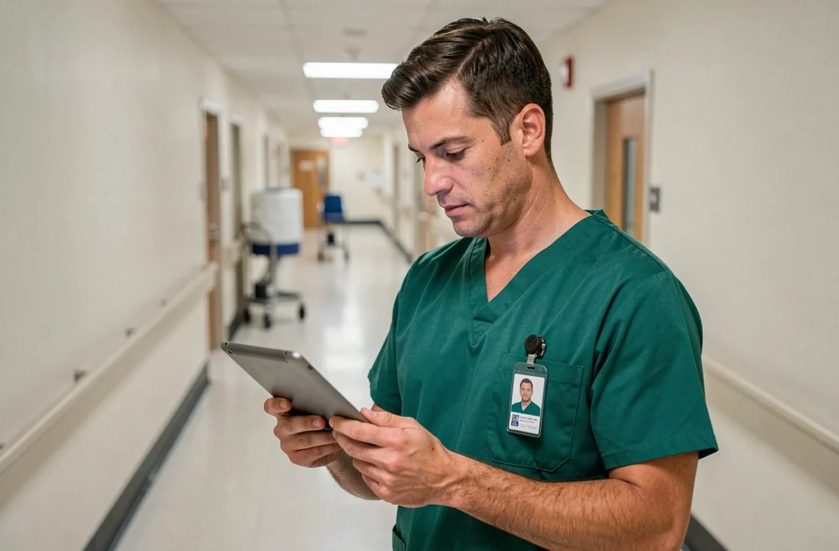 Infirmier du CHU de Reims consultant ses emails Zimbra sur une tablette dans un couloir hospitalier