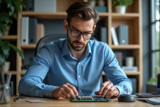 Homme professionnel installant un processeur sur une carte mère dans un bureau moderne
