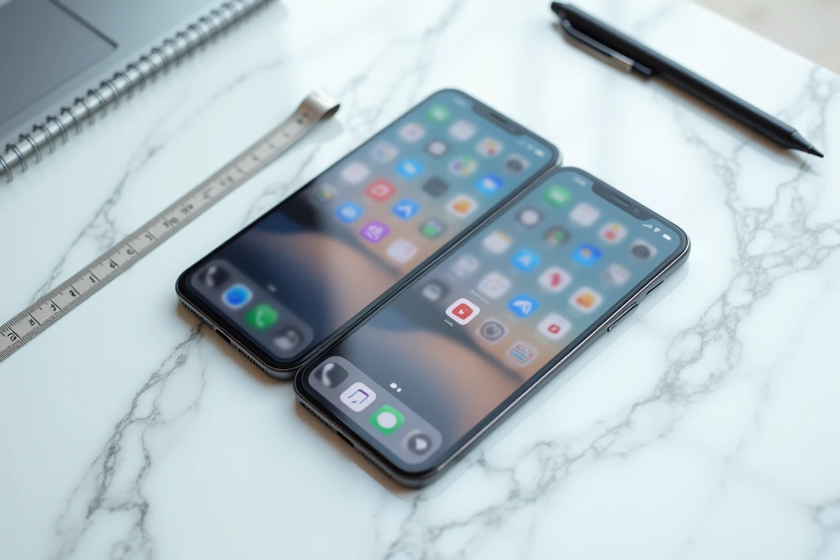 Vue aérienne de l'iPhone 12 Pro et de l'iPhone 12 Pro Max côte à côte sur un marbre blanc avec un mètre ruban