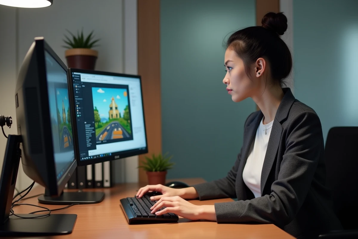 Femme en costume dans un bureau privé jouant à un jeu de navigateur discret sur un second écran au travail