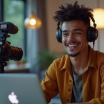 Jeune créateur de contenu souriant dans un studio moderne avec récompense youtube