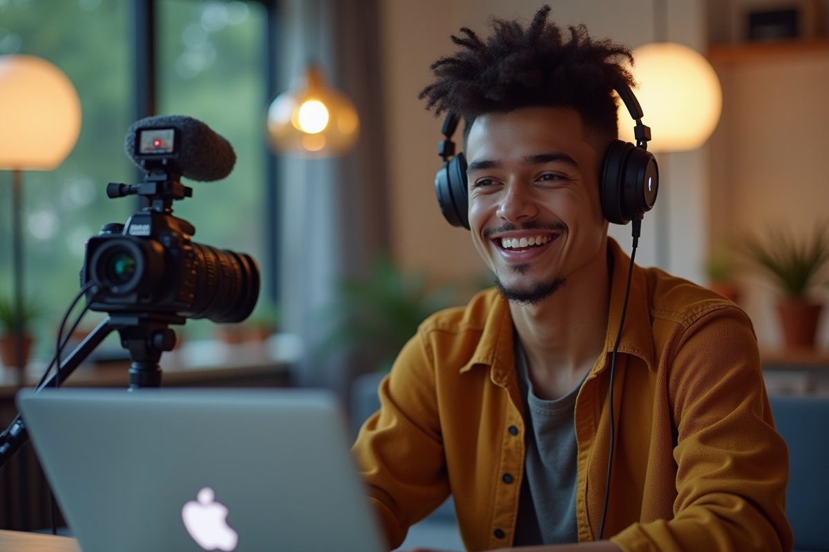Jeune créateur de contenu souriant dans un studio moderne avec récompense youtube