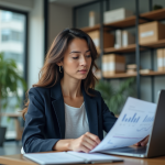 Jeune femme d'affaires concentrée devant son ordinateur dans un espace de coworking lumineux