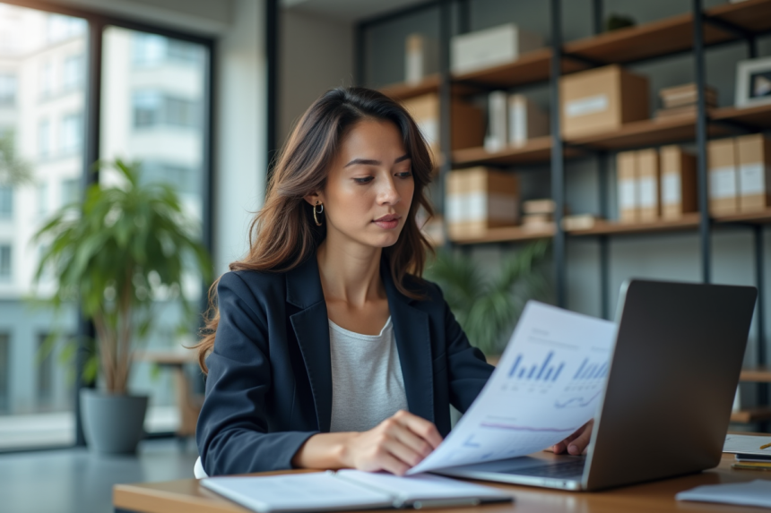 Jeune femme d'affaires concentrée devant son ordinateur dans un espace de coworking lumineux