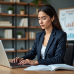 Jeune femme analysant des analytics sur un ordinateur portable
