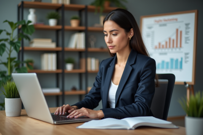 Jeune femme analysant des analytics sur un ordinateur portable