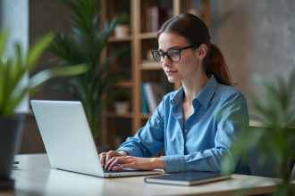 Jeune femme concentrée travaillant sur son ordinateur dans un bureau moderne