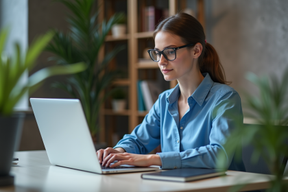 Jeune femme concentrée travaillant sur son ordinateur dans un bureau moderne