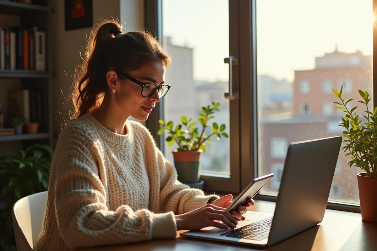 Jeune femme analysant un site de prix sur sa tablette