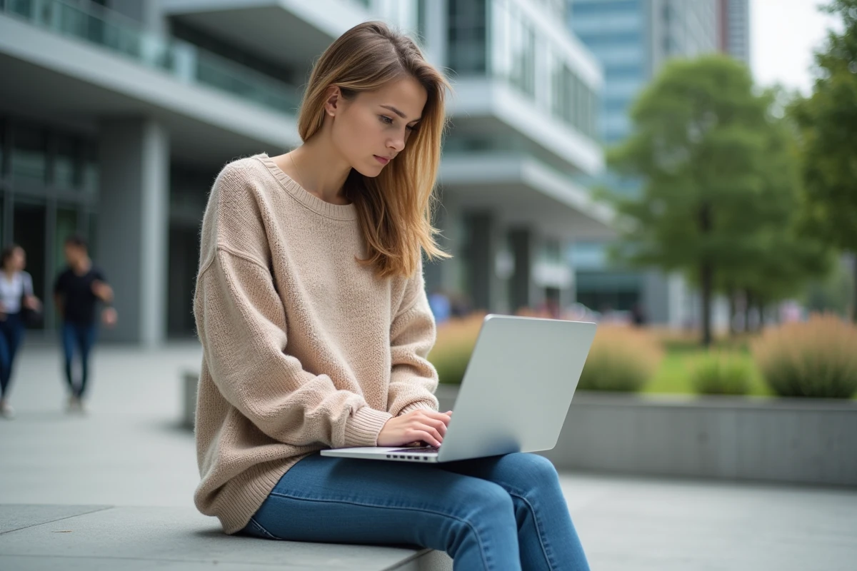 Jeune femme assise dehors avec un ordinateur portable urbain