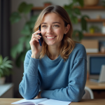 Jeune femme au bureau parlant au téléphone smartphone