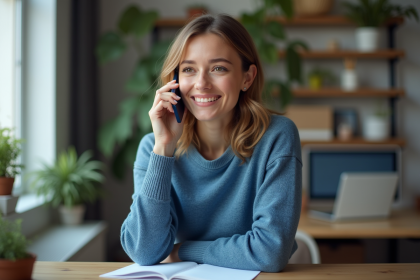 Jeune femme au bureau parlant au téléphone smartphone