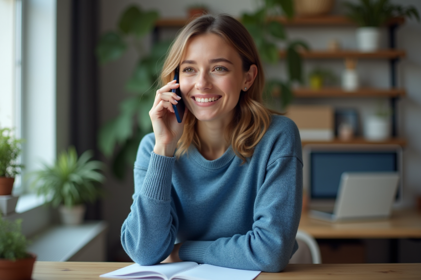 Jeune femme au bureau parlant au téléphone smartphone
