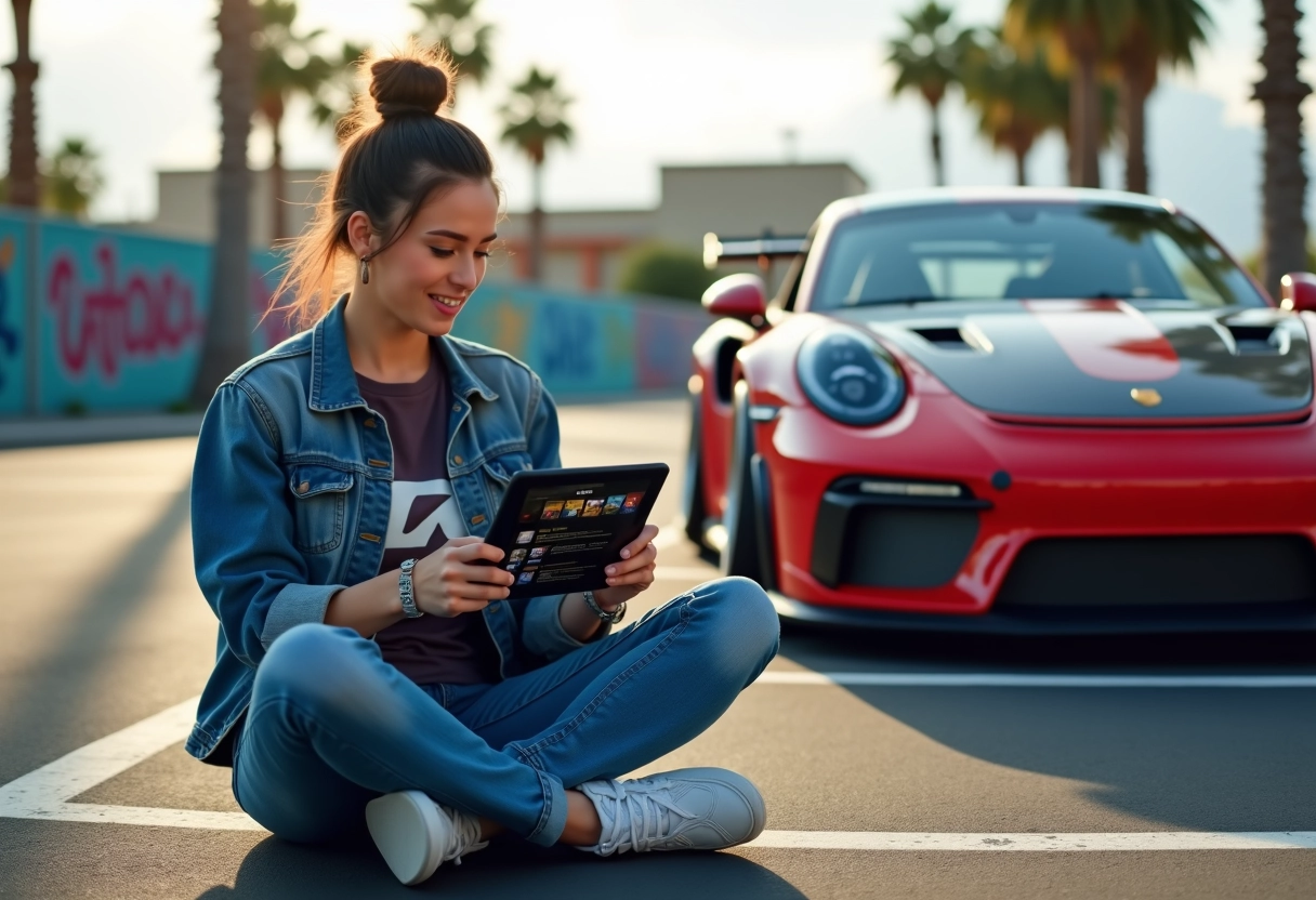 Jeune femme enthousiaste près d une voiture moddee GTA dans un parking