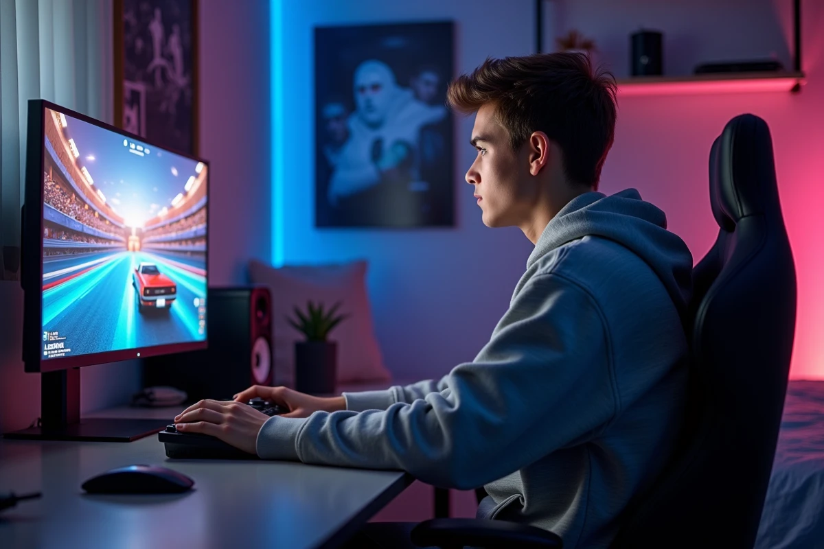 Jeune homme jouant à Rocket League sur son ordinateur