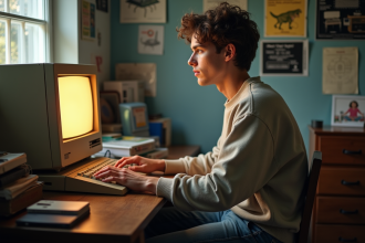 Jeune homme des années 80 travaillant sur un vieux ordinateur dans une chambre vintage
