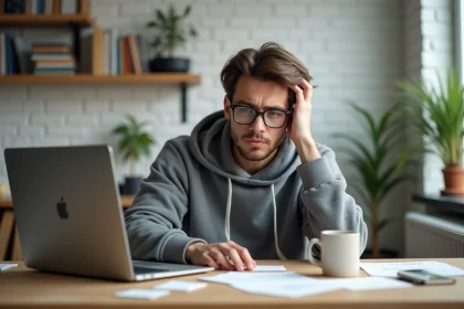 Jeune homme concentré au bureau avec ordinateur et notes