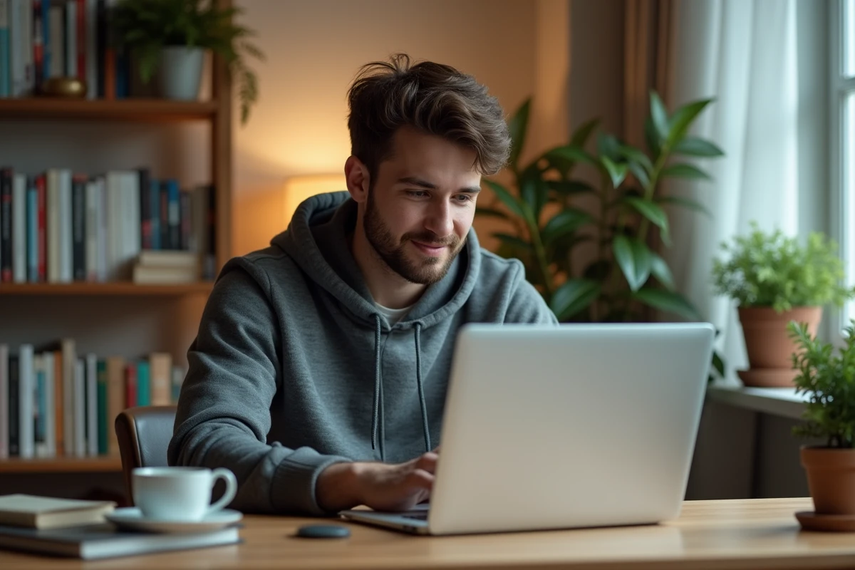 Jeune homme en bureau moderne utilisant un ordinateur portable