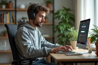 Jeune homme concentré sur son ordinateur portable à la maison